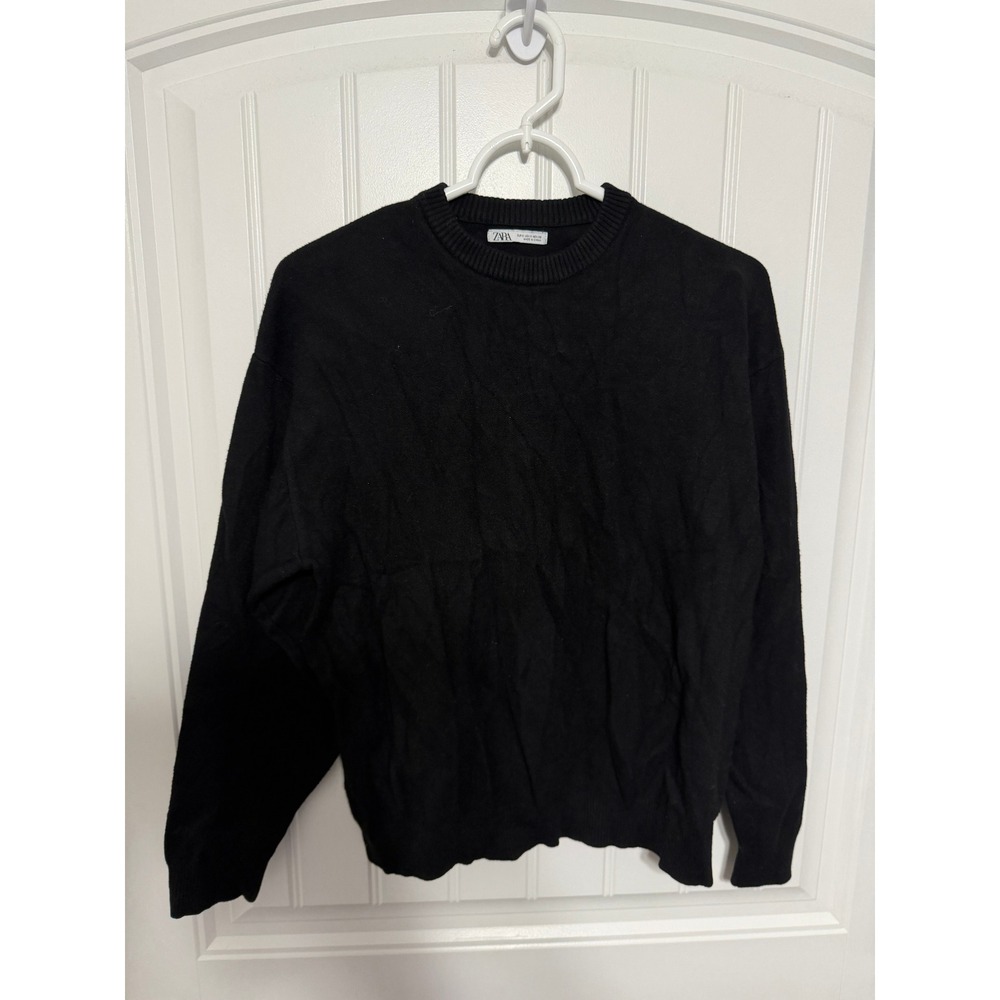 Zara Sweater Mens Small Black Solid Knit Crew Neck Long Sleeve Pullover EUC